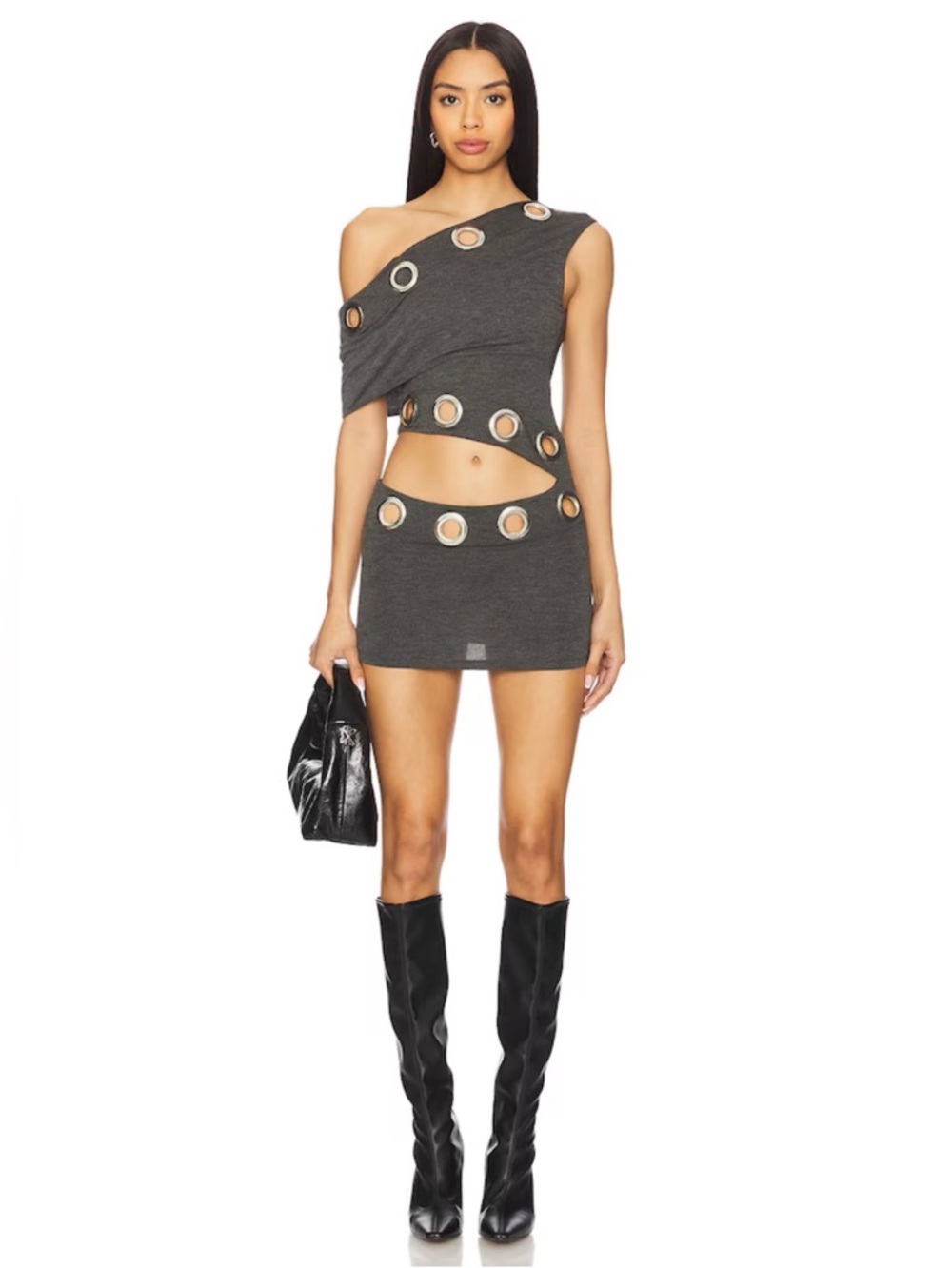 Jaded London | Asymmetric Eyelet Dress in Dark Grey | Size US 4 | NWT